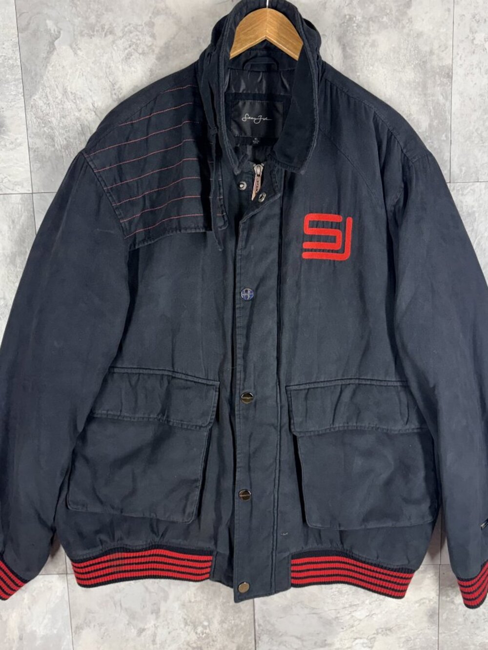 Vintage Sean John Hooded Utility Bomber Jacket Mens XL Black Red